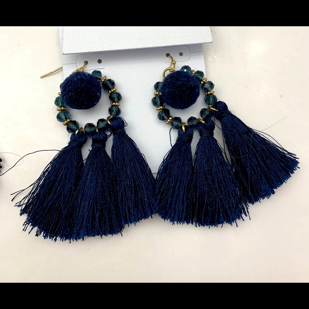 Neiman Marcus puffball and tassel navy earrings